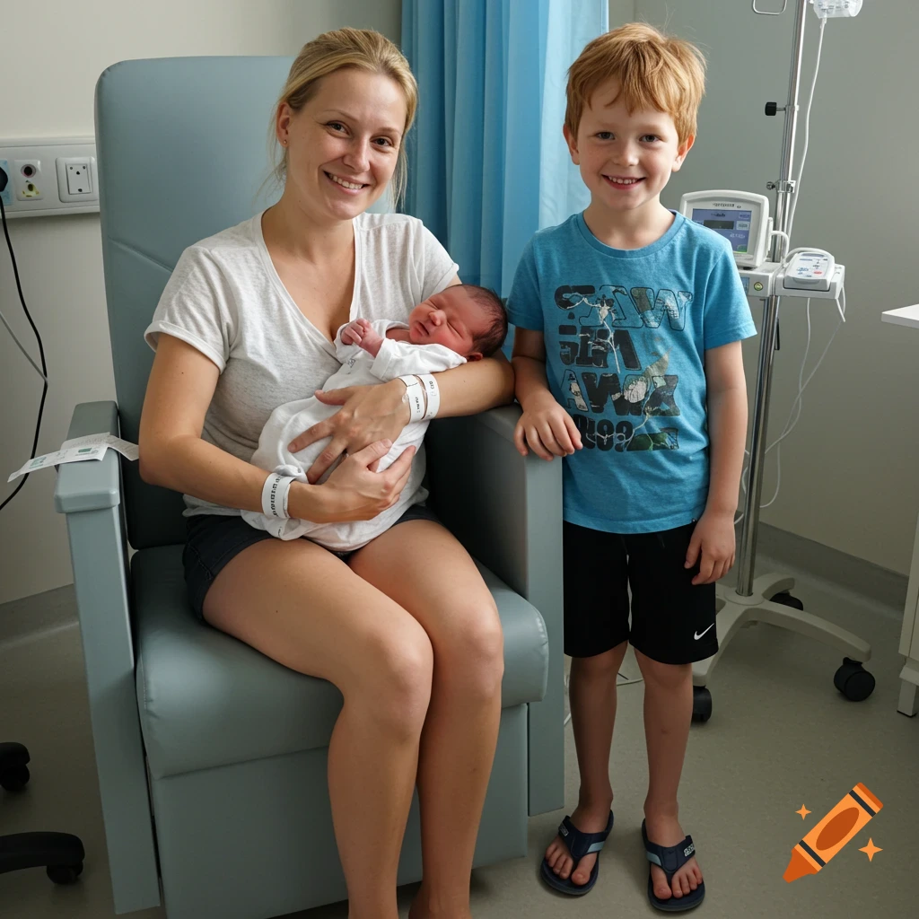 A smiling mother sits in a hospital chair holding a newborn, while her young son stands beside her, also smiling.