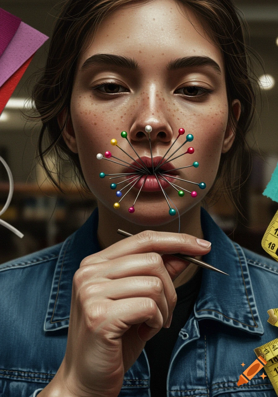 Close-up photorealistic portrait of a young person with colorful sewing pins in their mouth, holding a sewing tool, with fabric and measuring tape in the background.