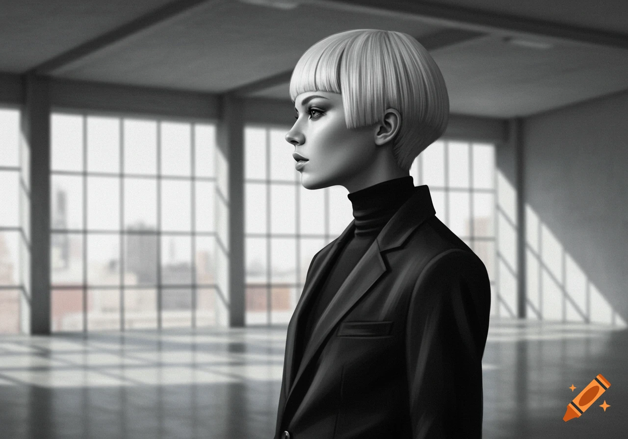 A black and white profile portrait of a woman with a sleek bowl cut and turtleneck, wearing a blazer, standing in a large room with windows.
