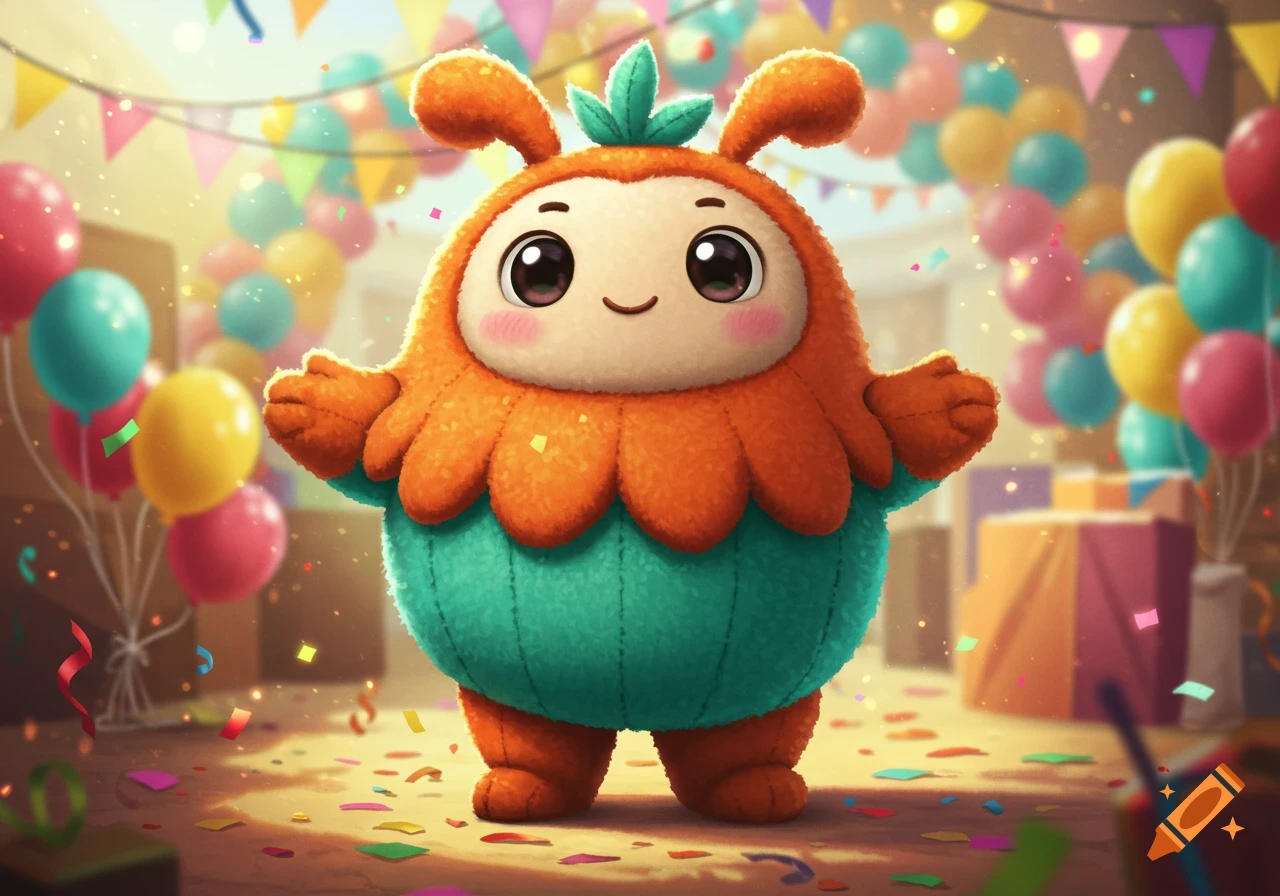 A cute, fluffy orange and teal mascot stands in a colorful party setting with balloons, confetti, and presents.