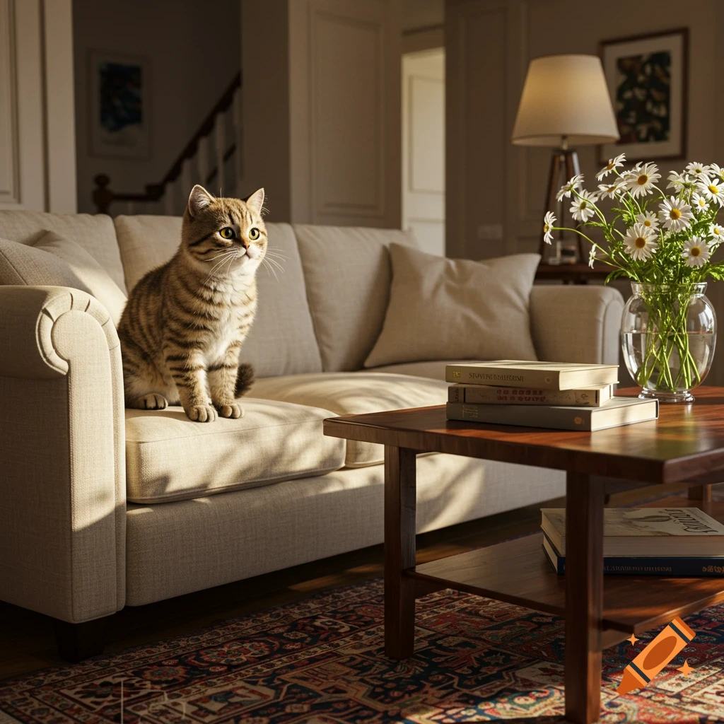 A photorealistic image of a tabby cat sitting on a light beige sofa in a sunlit living room with a coffee table and flowers.