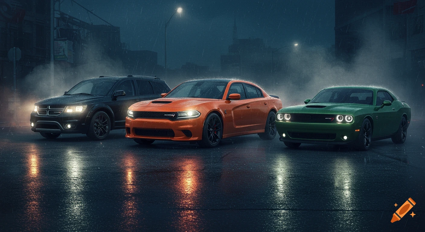 Three cars, a black SUV, an orange sedan, and a green coupe, are parked side by side on a wet city street at night in the rain.