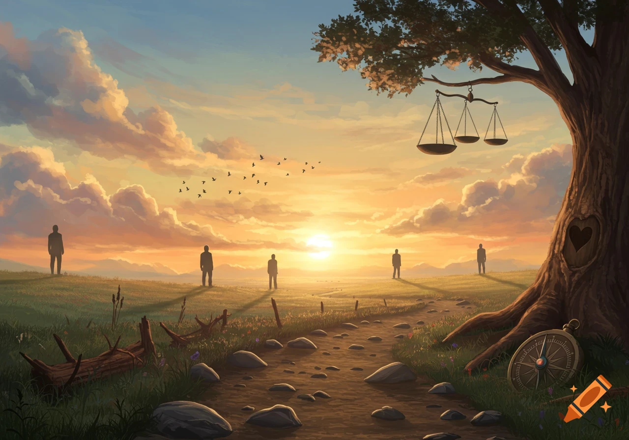 A serene fantasy landscape at sunrise with a winding path, silhouetted figures, a large tree with scales, and a compass.