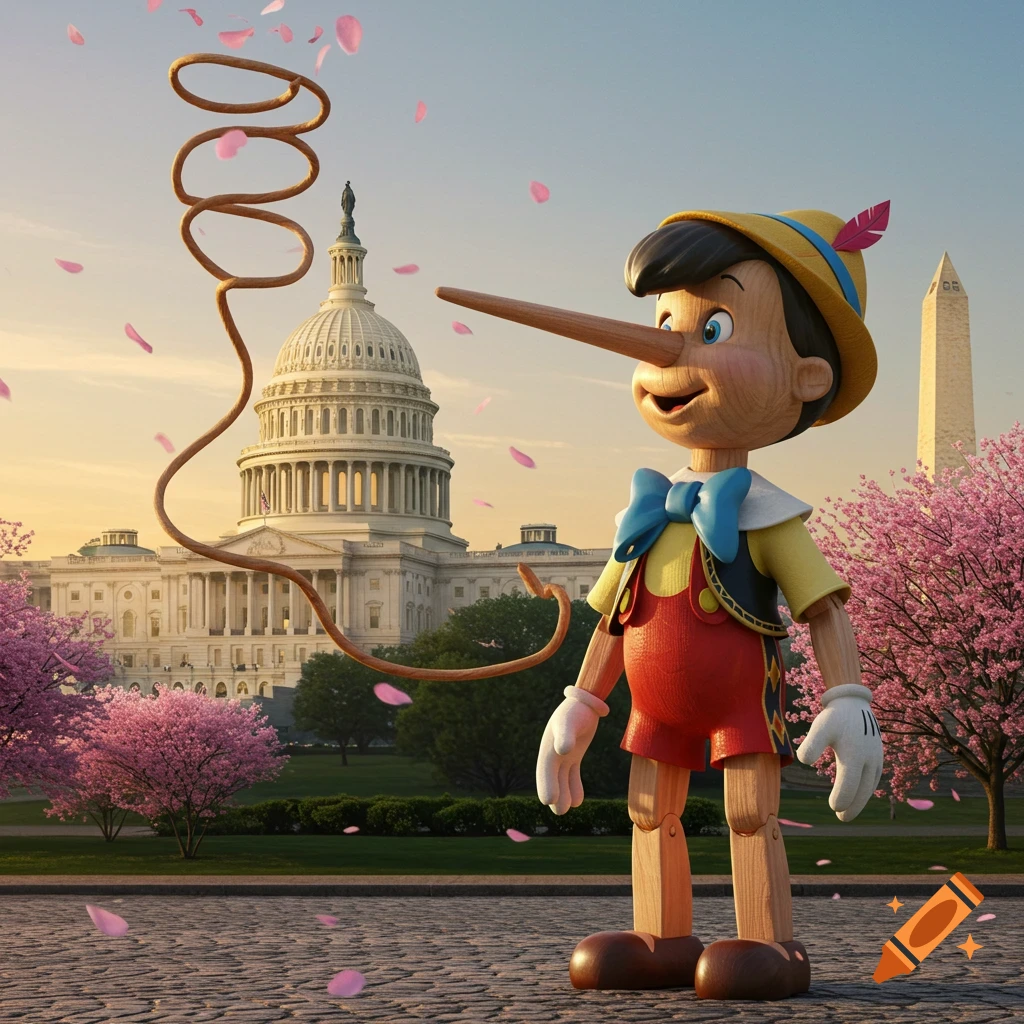 Photorealistic render of Pinocchio with a long, spiraling nose in front of the US Capitol and Washington Monument amidst cherry blossoms.