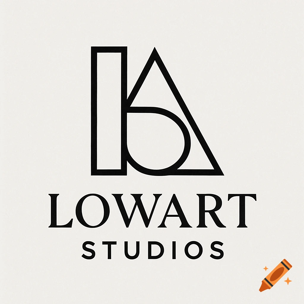 Minimalist black and white logo for Lowart Studios, featuring geometric shapes and text.
