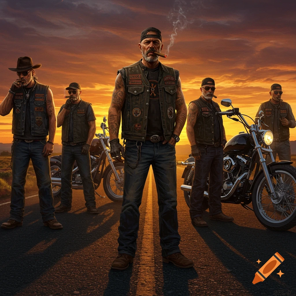 Five male bikers with motorcycles stand on a road at sunset, three smoking cigars. Photorealistic style.