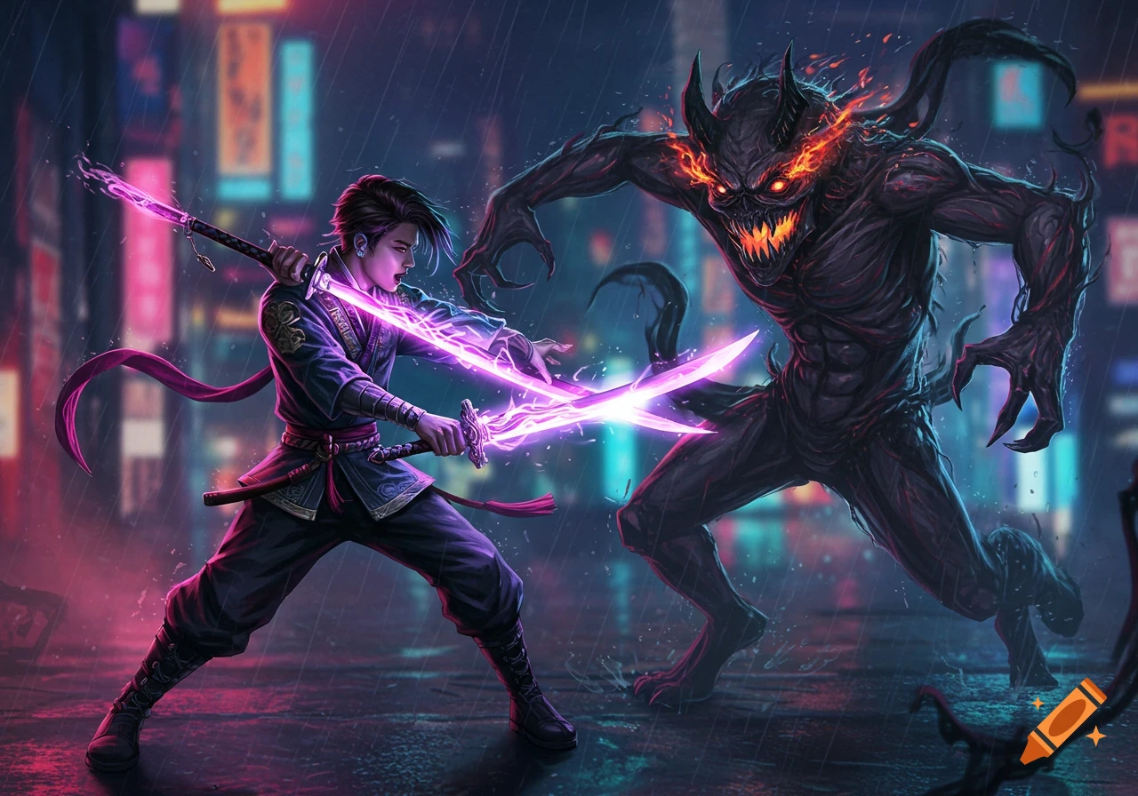 A kpop-style demon hunter with glowing purple swords fights a large, fiery-eyed monster in a neon-lit, rainy city street.