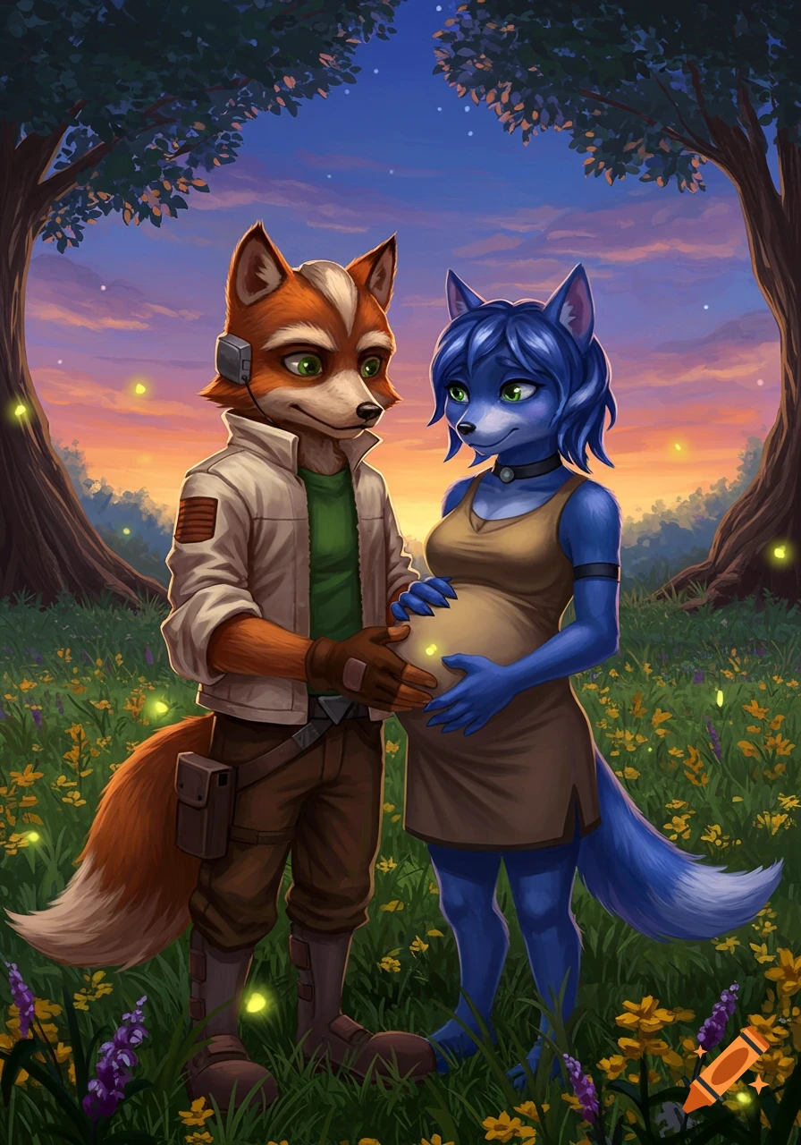 Fox McCloud touches the pregnant belly of Krystal, standing in a field of flowers with fireflies under a twilight sky.
