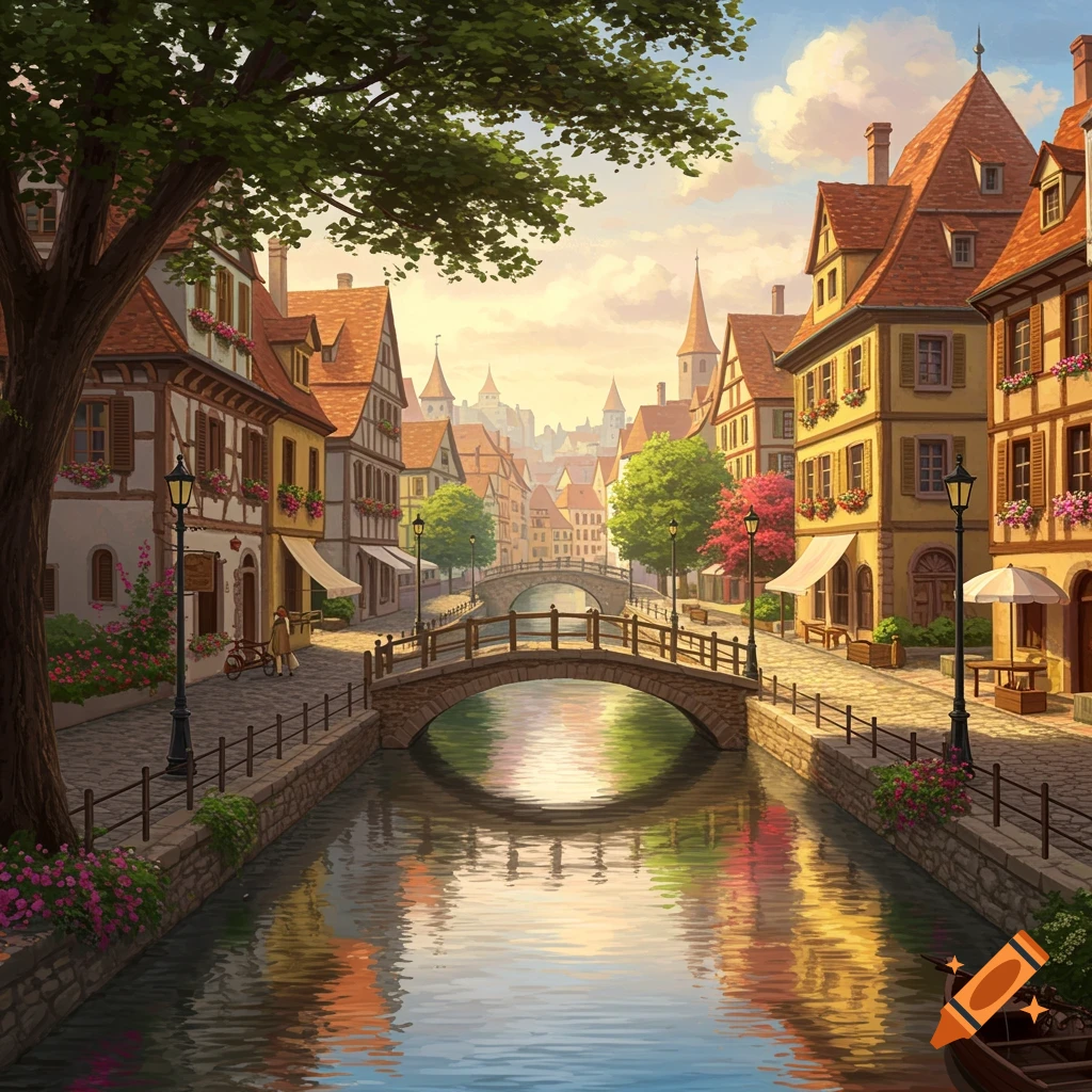 A colorful painting of a European town with a canal flowing through it, arched stone bridges, and charming buildings with red roofs.