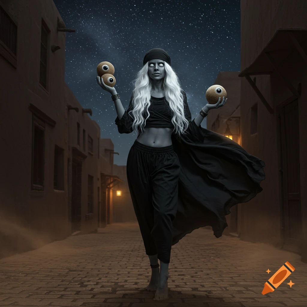 A woman with grey skin, white hair, and empty eye sockets walks down a dark, narrow desert city street at night, holding two eyeball-shaped stones.