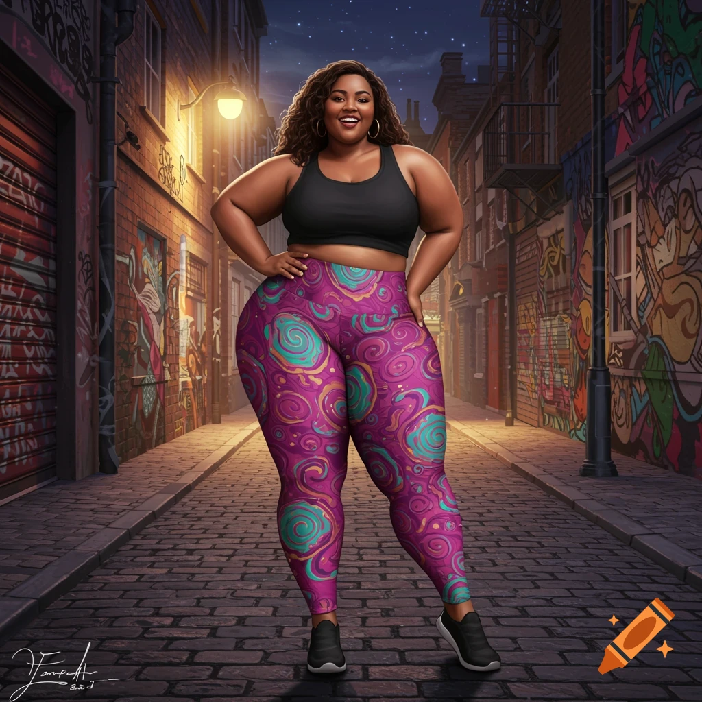 A smiling plus-size woman in a black sports bra and colorful leggings stands in a graffiti-covered alley at night.