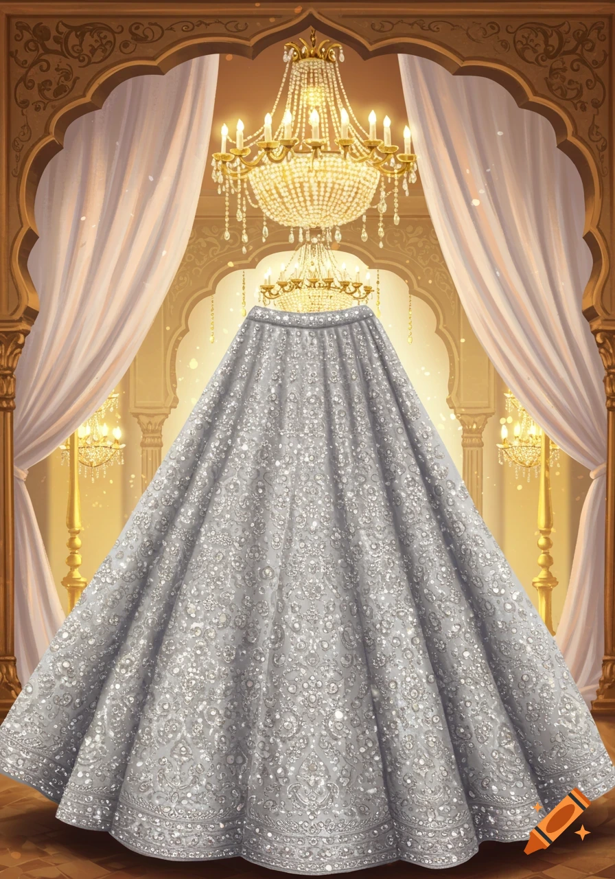A highly detailed silver lehenga skirt, adorned with intricate patterns and gemstones, hangs in an ornate royal room with chandeliers.