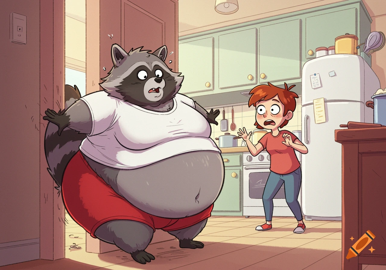 A very fat cartoon raccoon in a white t-shirt and red shorts is stuck in a doorway, while a scared human woman looks on in a kitchen.