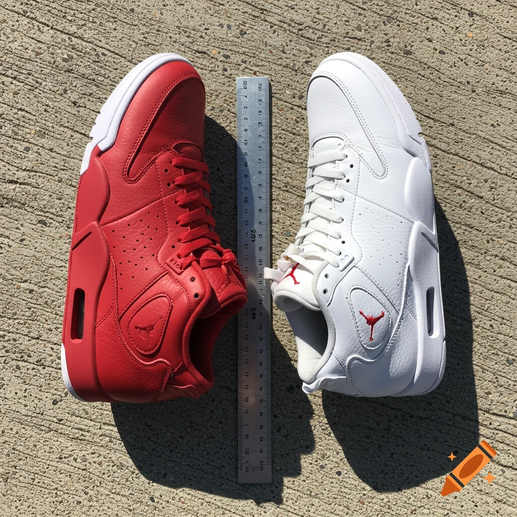 Two Jordan sneakers, one red and one white, are placed on a concrete surface with a metal ruler between them.