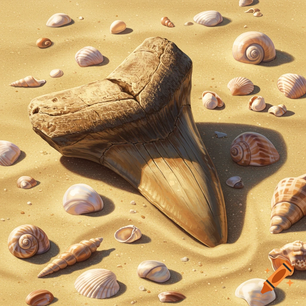 A detailed illustration of a large megalodon tooth laying flat in the sand on a beach, surrounded by various seashells.