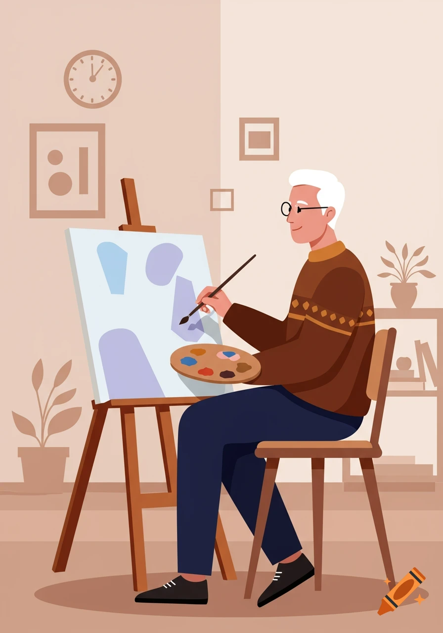 An older man with white hair and glasses sits at an easel, painting on a canvas in an illustrative style.