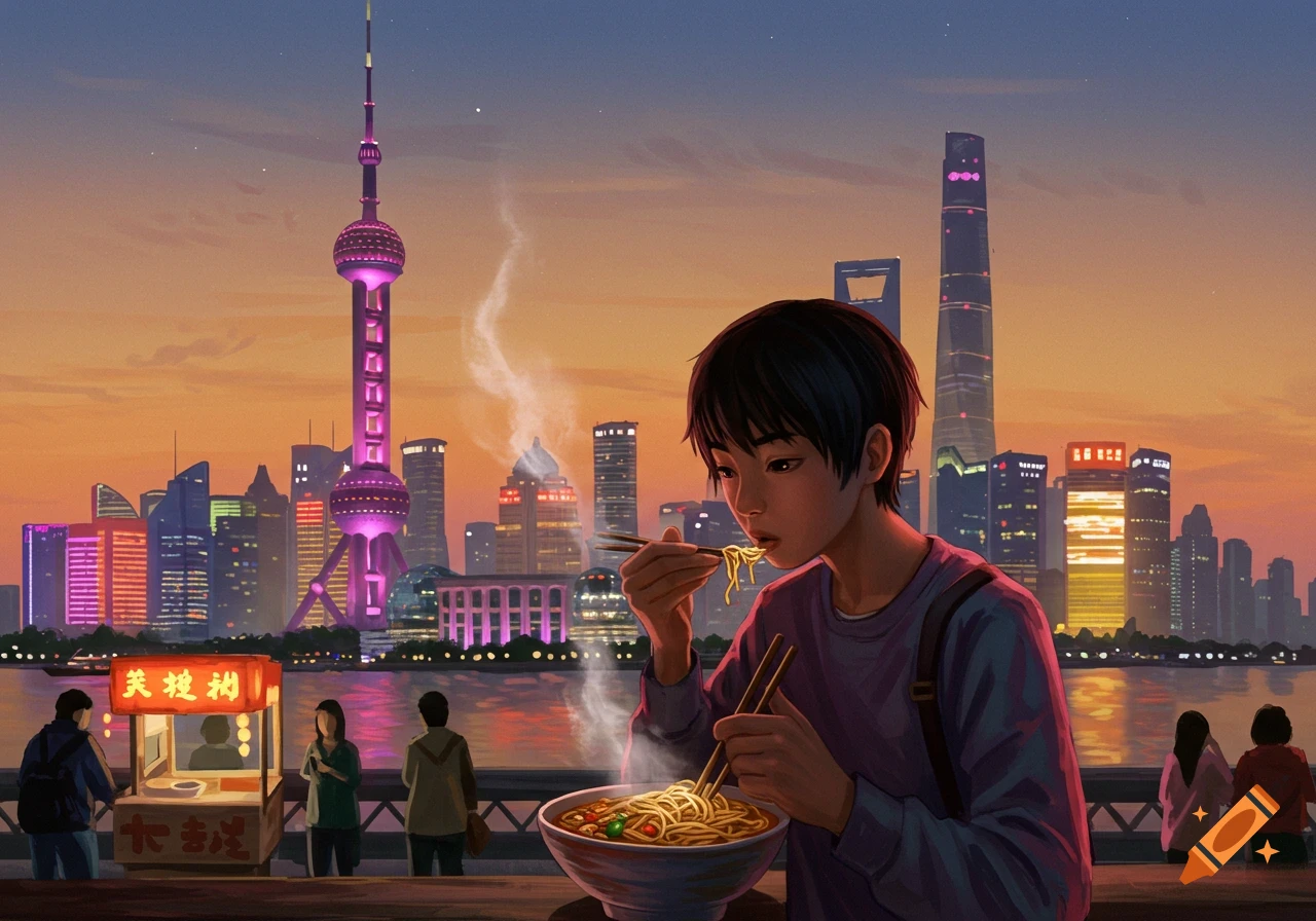 An illustration of a Chinese teenager eating a bowl of noodles with chopsticks in front of the illuminated Shanghai skyline at sunset.