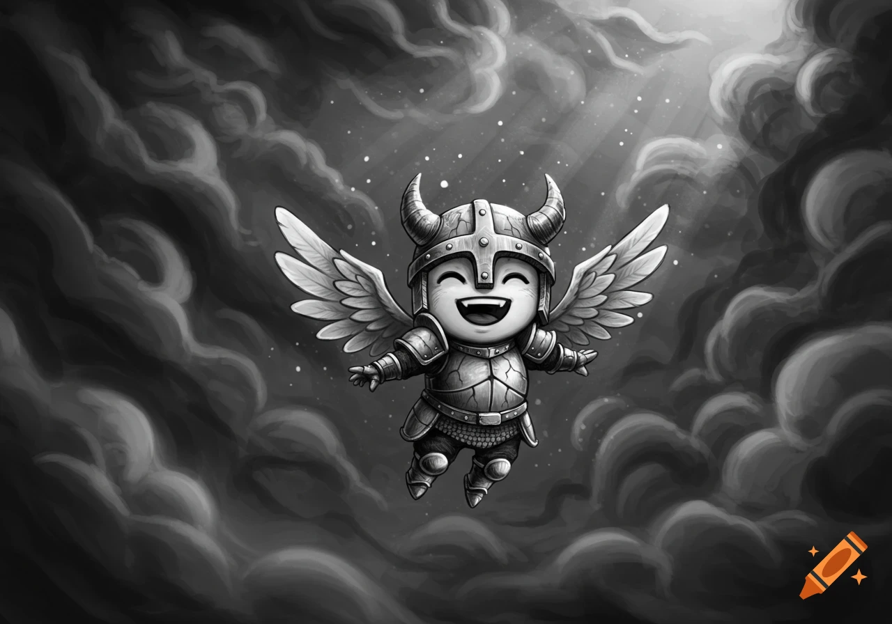 Black and white illustration of a happy imp with wings and a horned helmet floating in dark clouds.