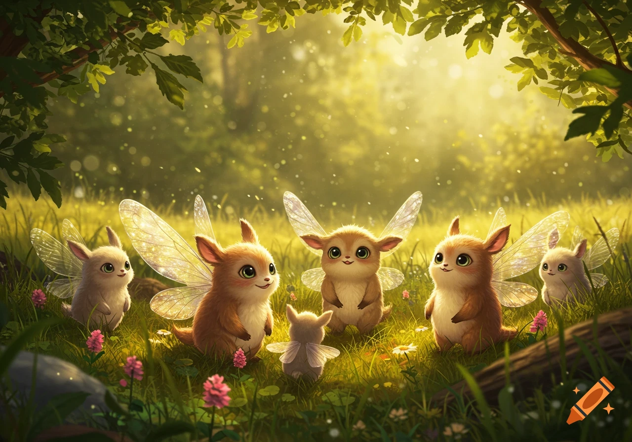 Several cute, fluffy, winged creatures resembling fairies stand in a sunlit forest clearing among green grass and pink wildflowers.