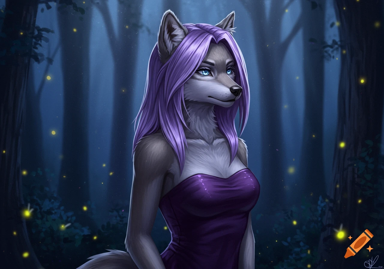 A female anthropomorphic wolf with purple hair and blue eyes wears a strapless purple dress in a dark forest with fireflies, in a digital painting style.