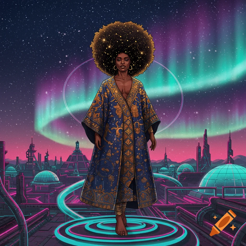 A Black woman with a star-filled afro wears a patterned robe, standing in a vibrant retro-futuristic city under a colorful aurora sky.