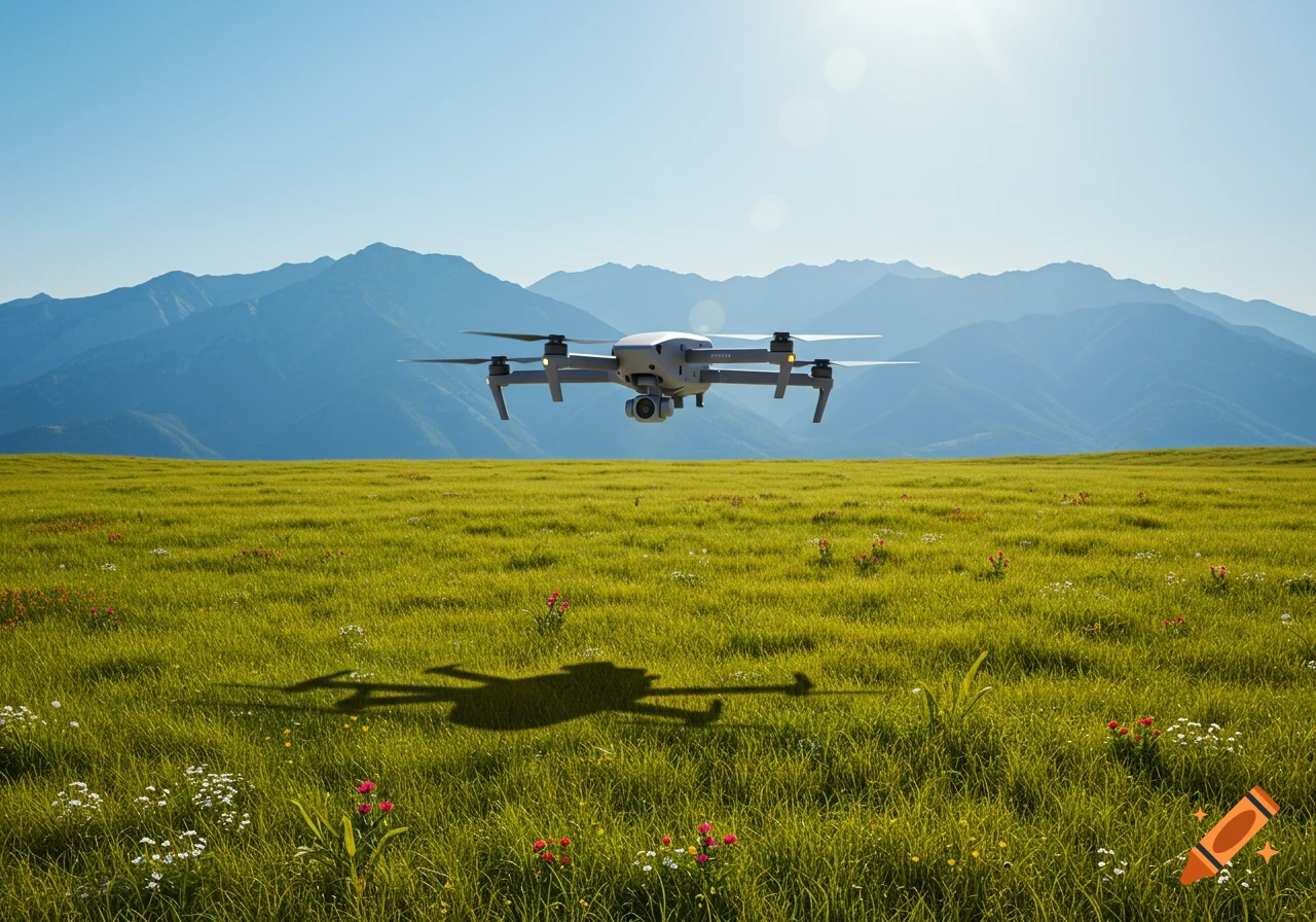 A grey drone hovers over a vibrant green grassy field with blue mountains in the background on a sunny day.