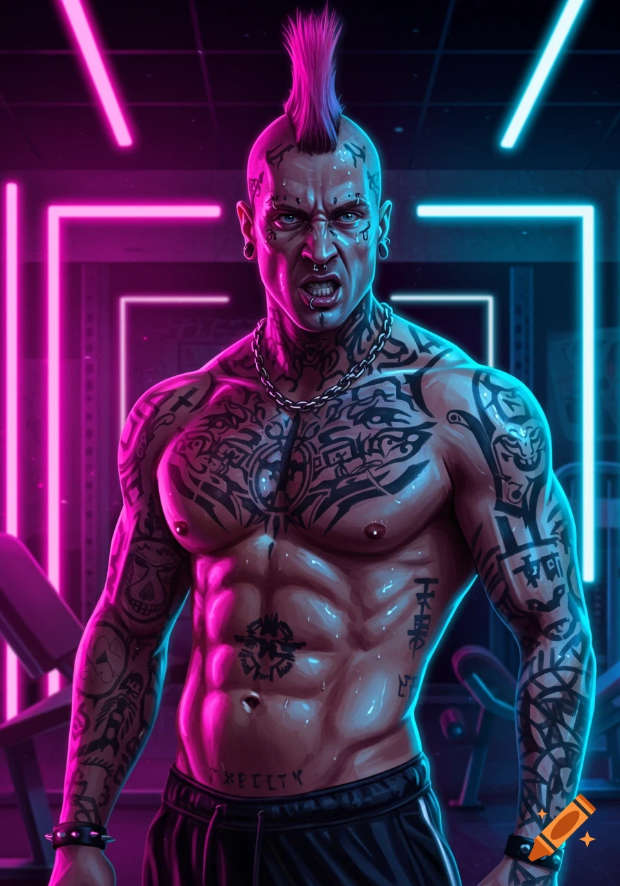 Muscular punk man with a mohawk, tattoos, and piercings, posing intensely in a neon-lit gym.