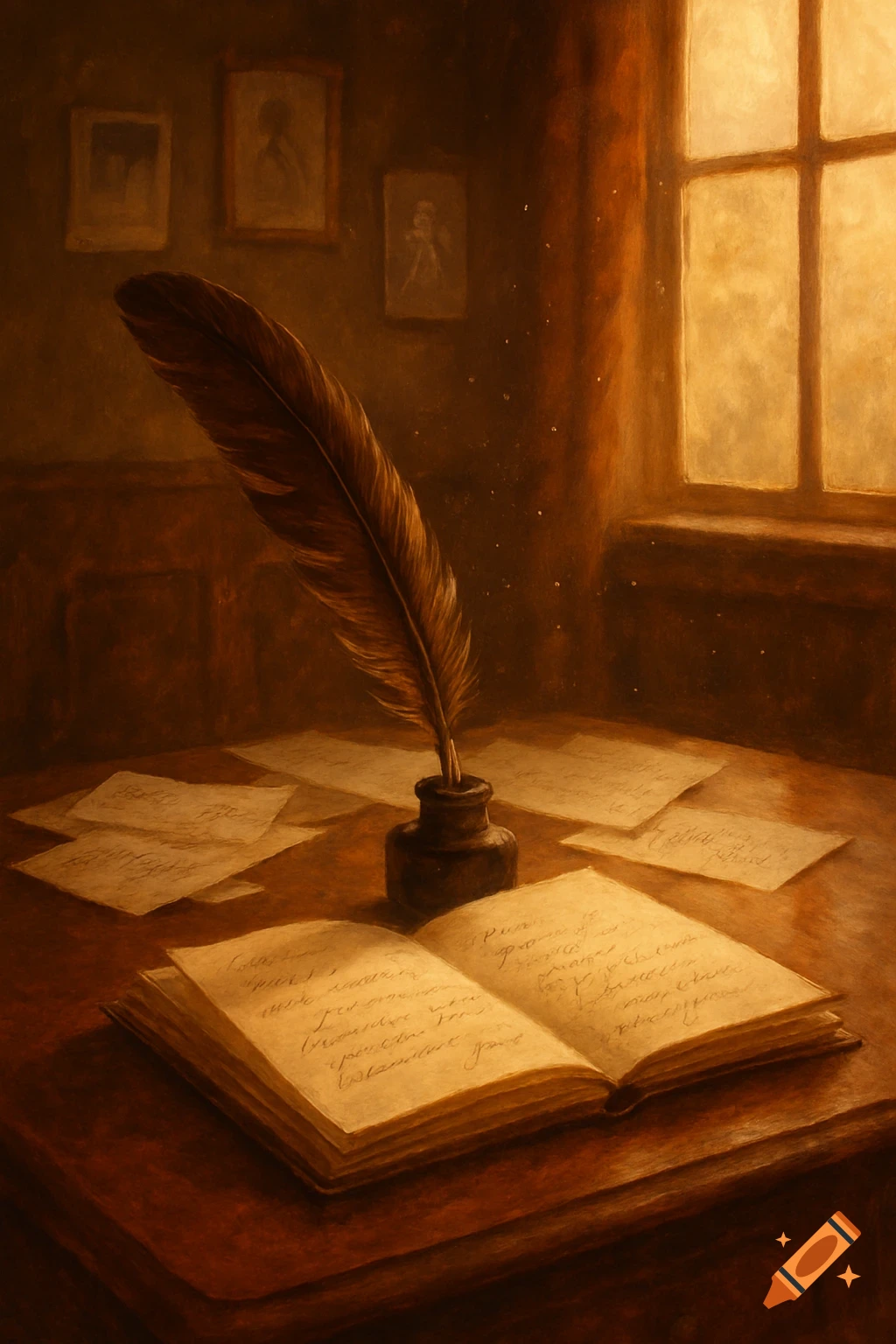 A vintage still life painting of a quill pen in an inkwell, open book, and scattered papers on a wooden desk bathed in golden light from a window.