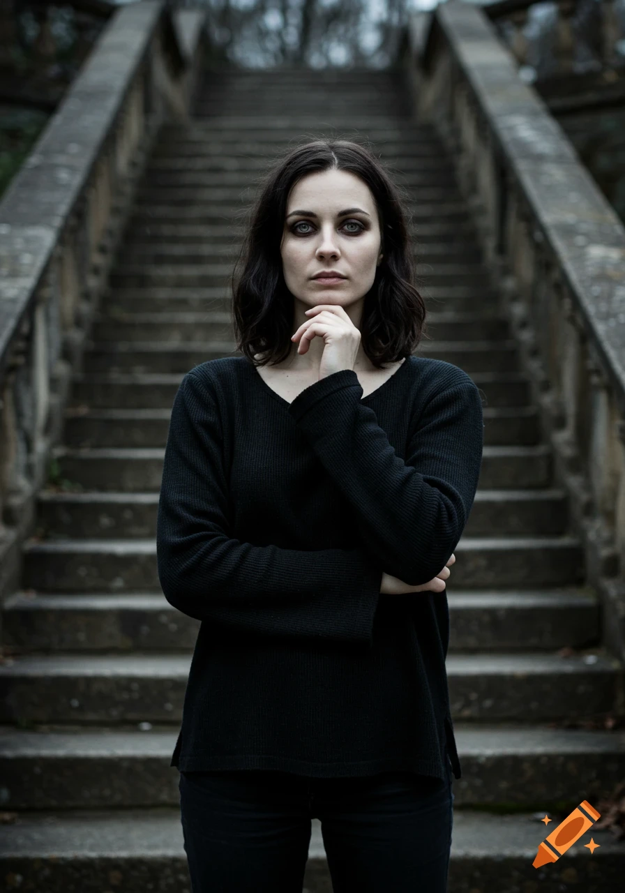 Photorealistic portrait of a pale woman with dark hair and eyes, dressed in black, standing against rustic stone steps.