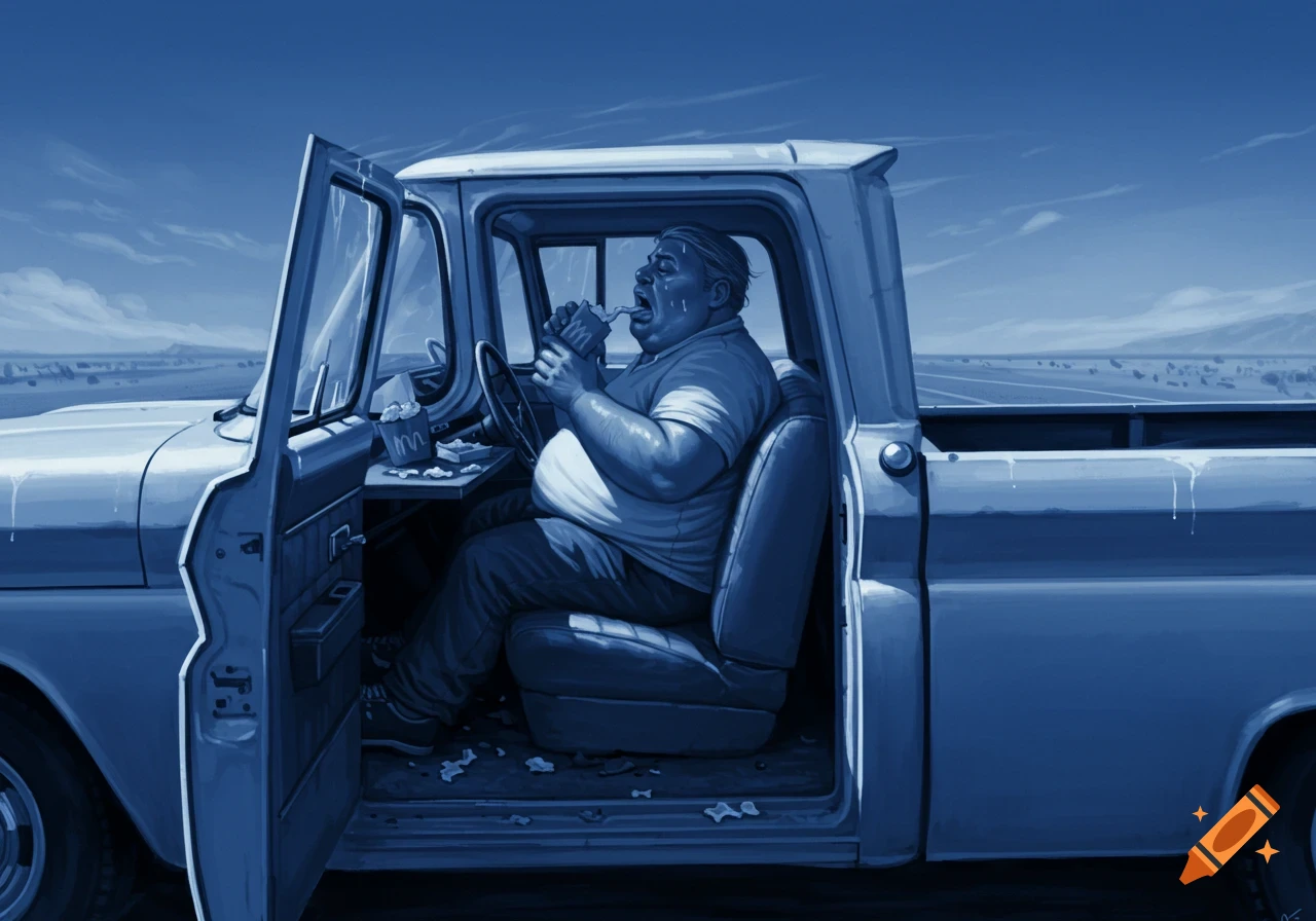Monochromatic blue digital painting of an overweight man sweating and eating fast food in an old Chevy truck on a deserted road.