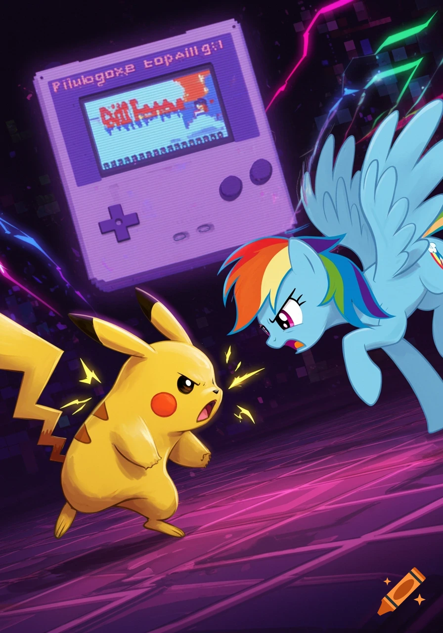 Pikachu and Rainbow Dash face off with a large Game Boy in the background on a retro grid.