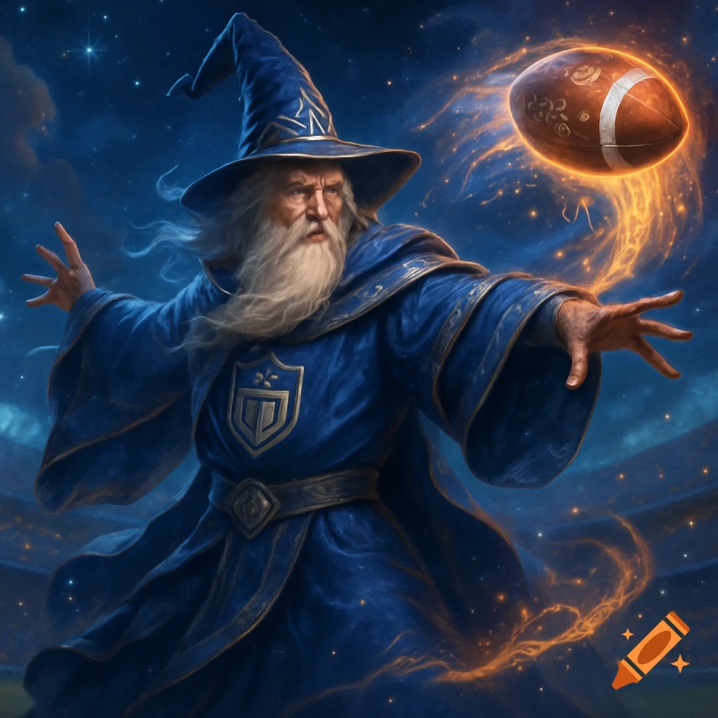 A wizard in blue robes and hat conjuring a glowing American football with energy, against a starry night sky in a stadium.
