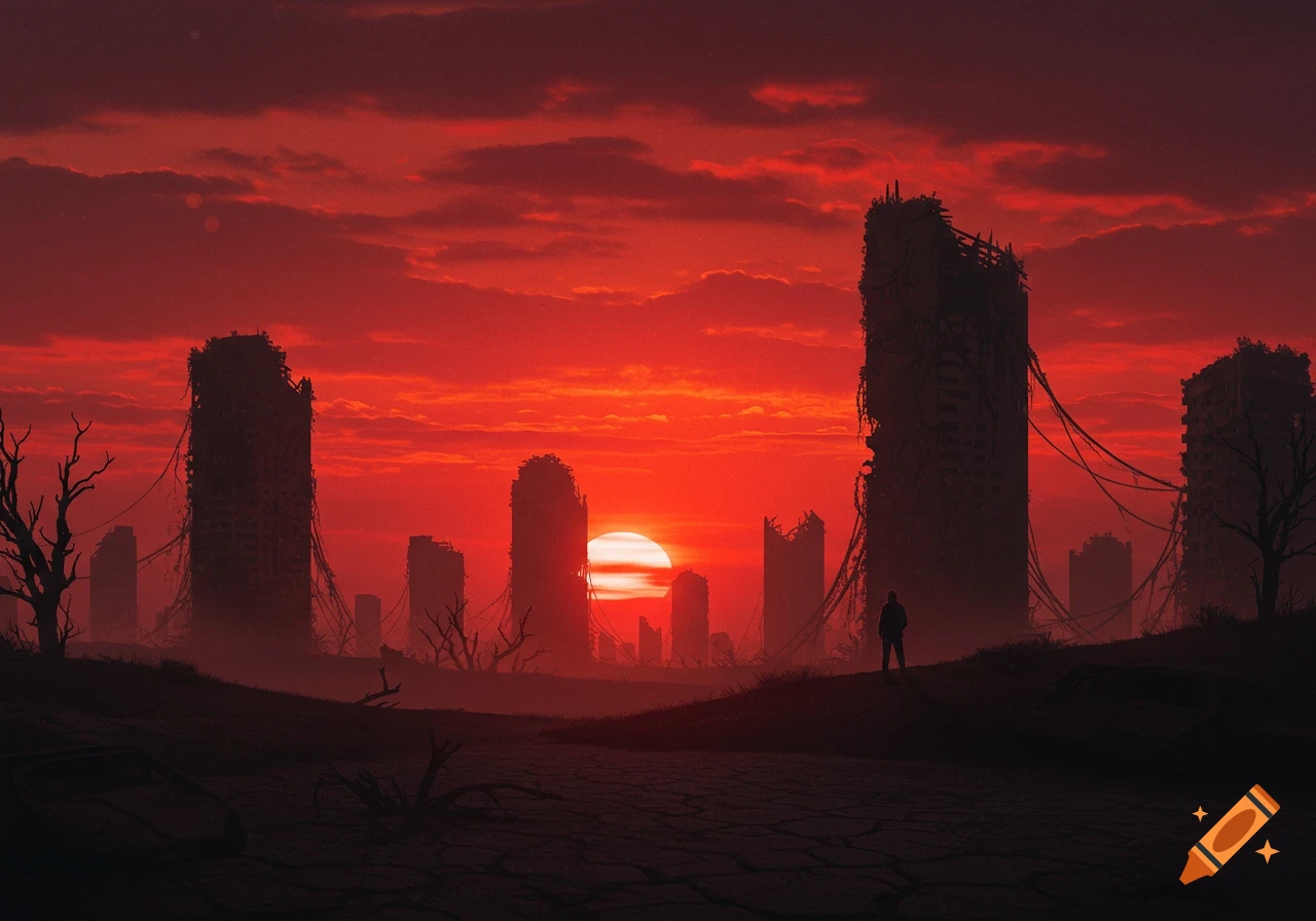 A silhouetted person stands in a desolate, ruined city under a vibrant red sunset.