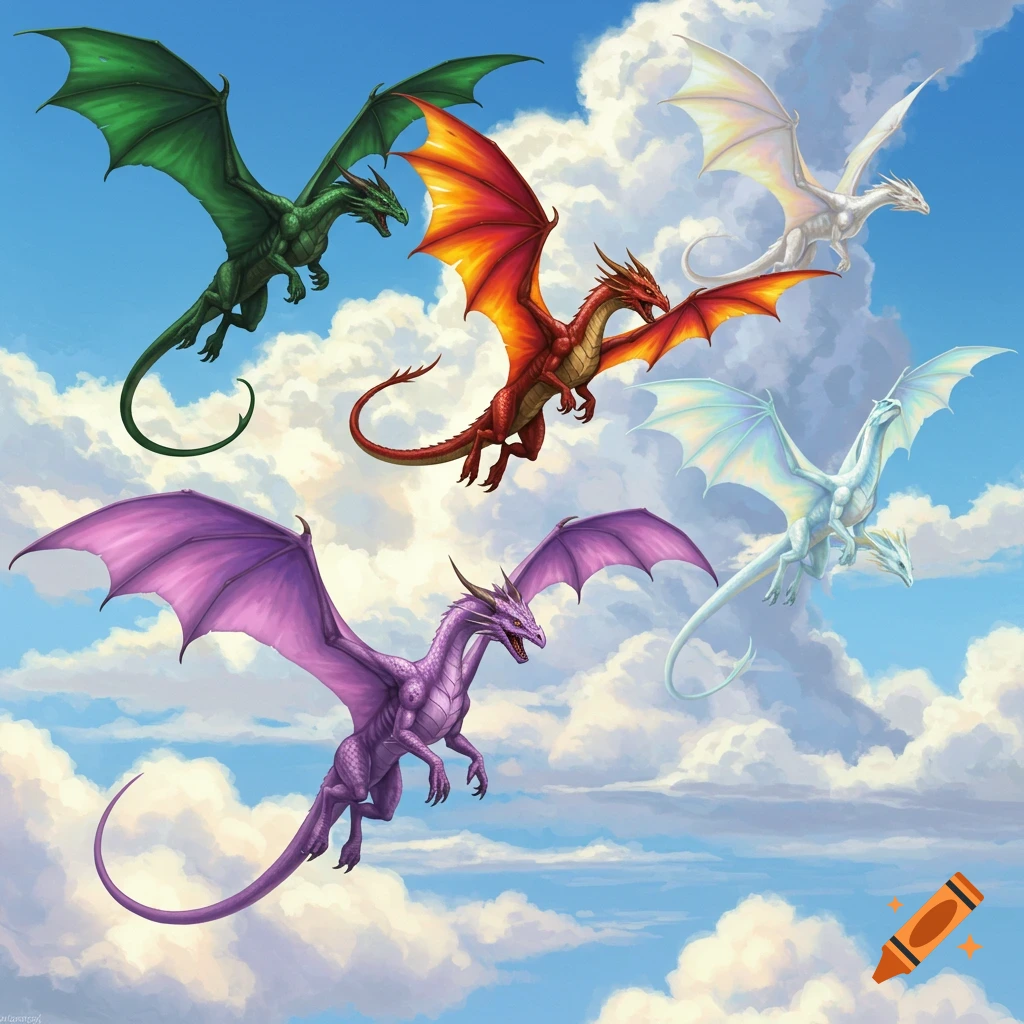 Five colorful dragons flying through a bright blue sky with white clouds.