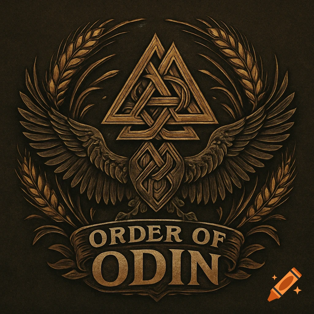 Gold and dark brown logo with a Valknut symbol, wings, wheat, and a banner reading 'ORDER OF ODIN' in a detailed, embossed style.