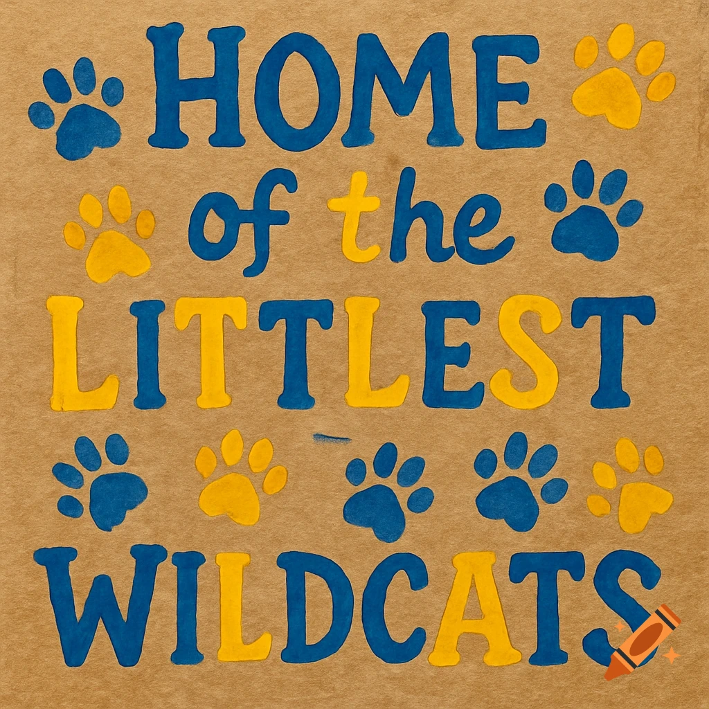 A hand-painted sign on brown Kraft paper reading 'HOME of the LITTLEST WILDCATS' in blue and yellow letters, with scattered paw prints.