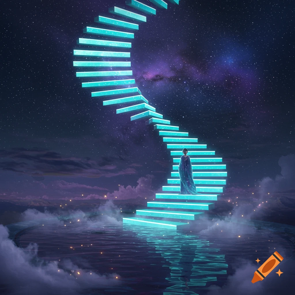 A person in a flowing blue gown stands on a glowing cyan spiral staircase rising from reflective water under a starry night sky.