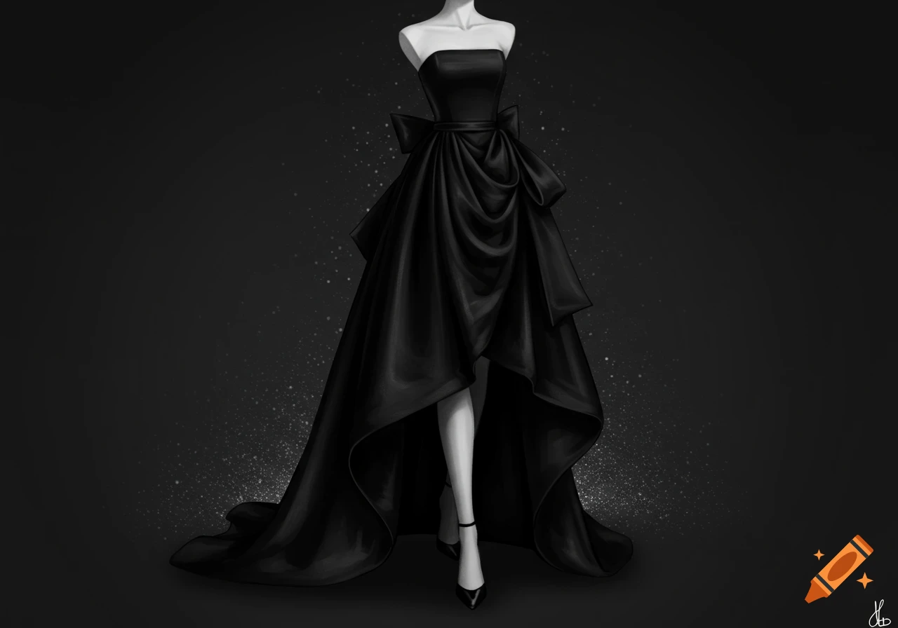 A black strapless high-low dress with a large bow on the side, displayed against a dark background with subtle white specks.