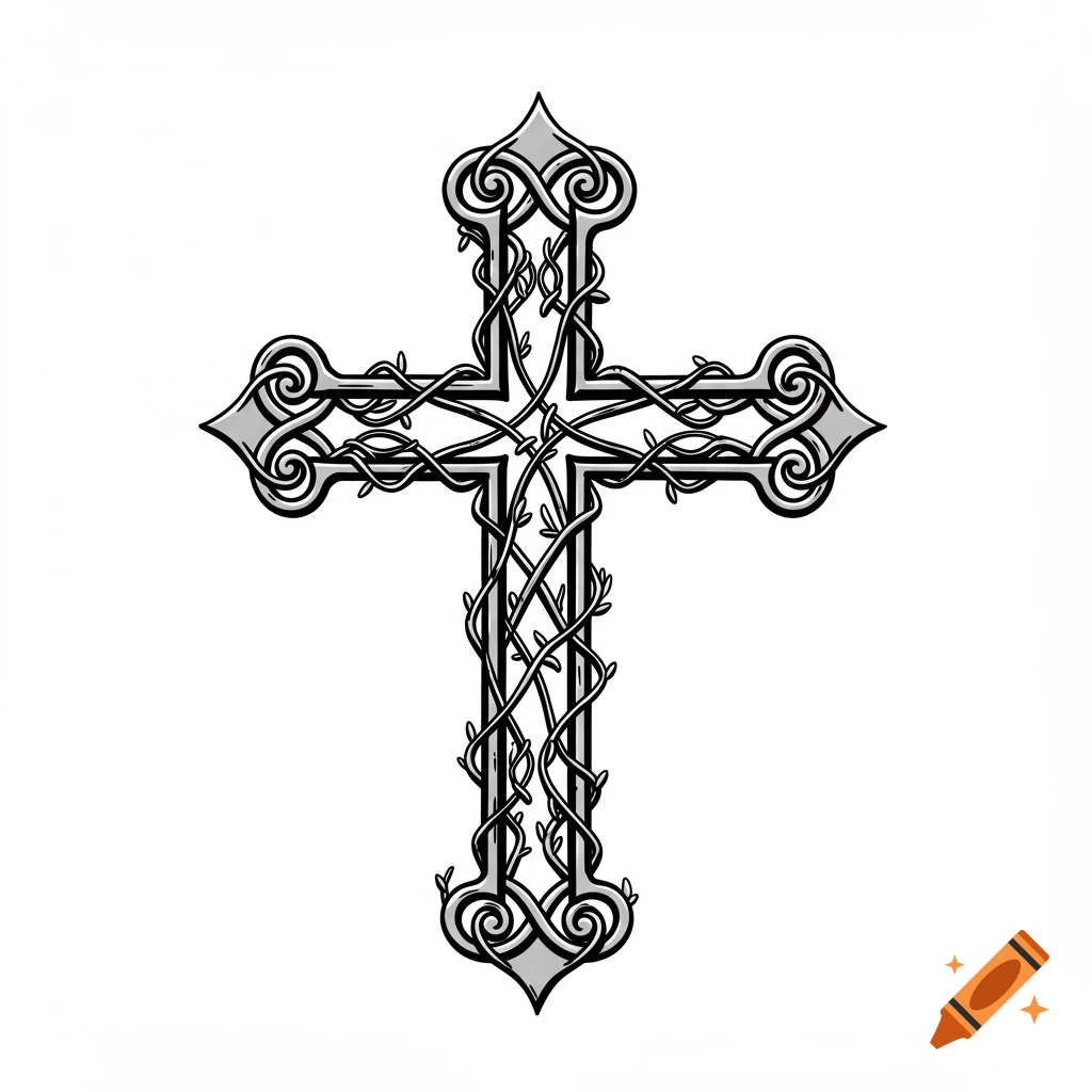Black and white illustration of an ornate cross with vines, resembling wrought iron.