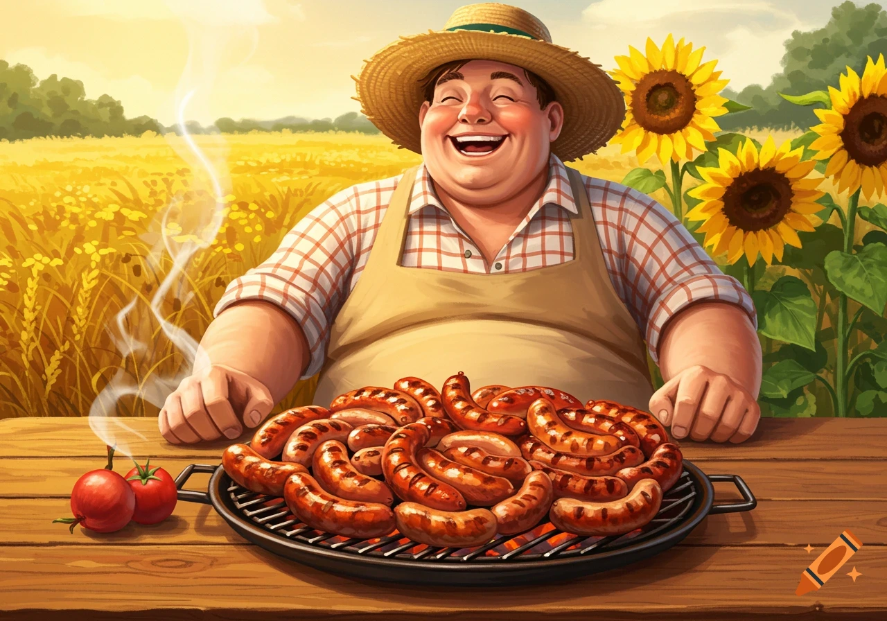A happy cartoon farmer grilling a large pile of sausages on a wooden table in a sunny field with sunflowers.