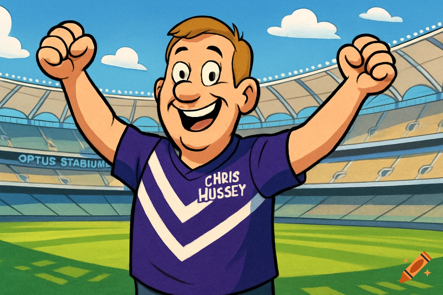 A cartoon man in a purple sports jersey cheers with arms raised in a stadium.