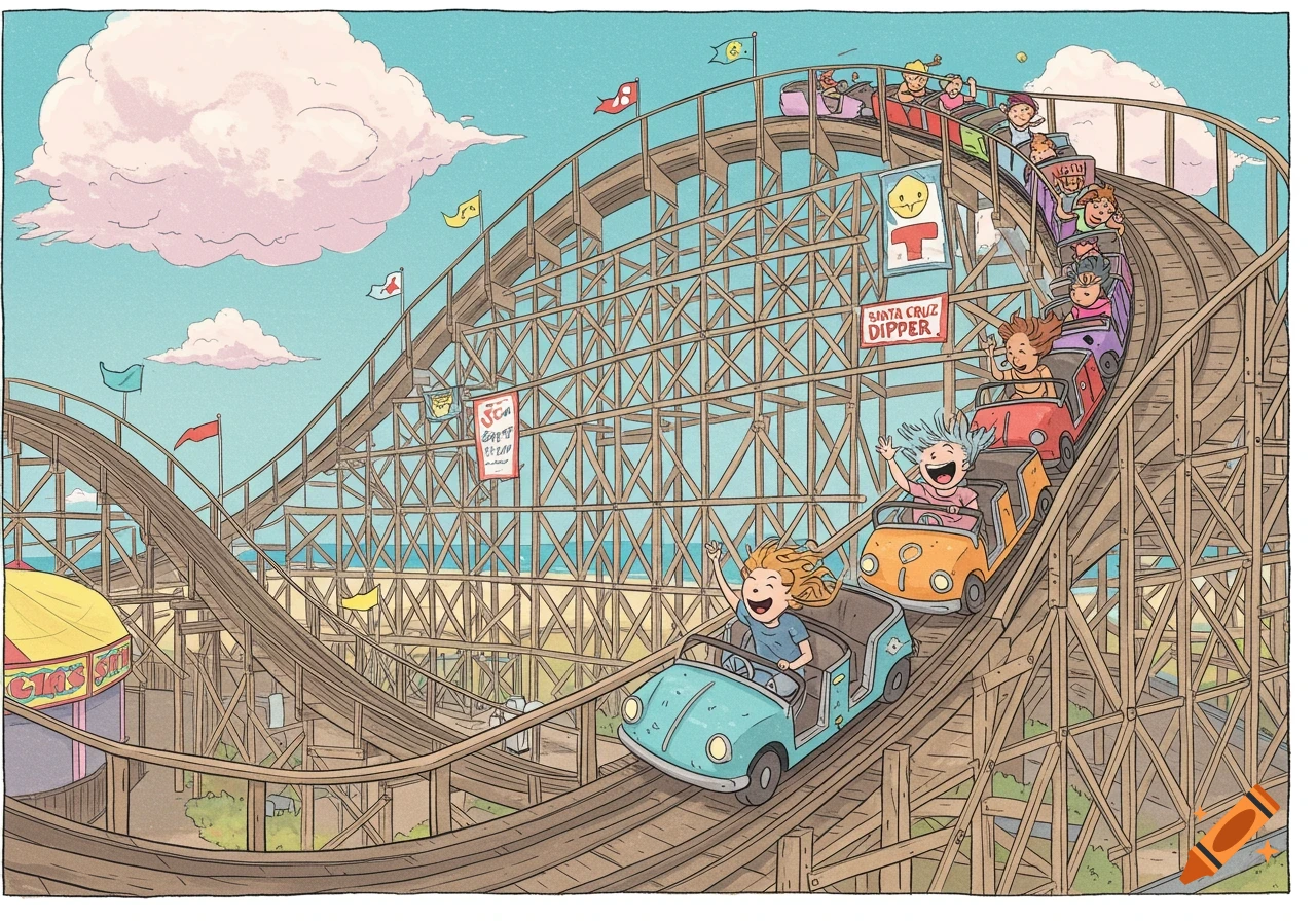 A vibrant cartoon illustration shows happy children riding a wooden rollercoaster at an amusement park by the beach.