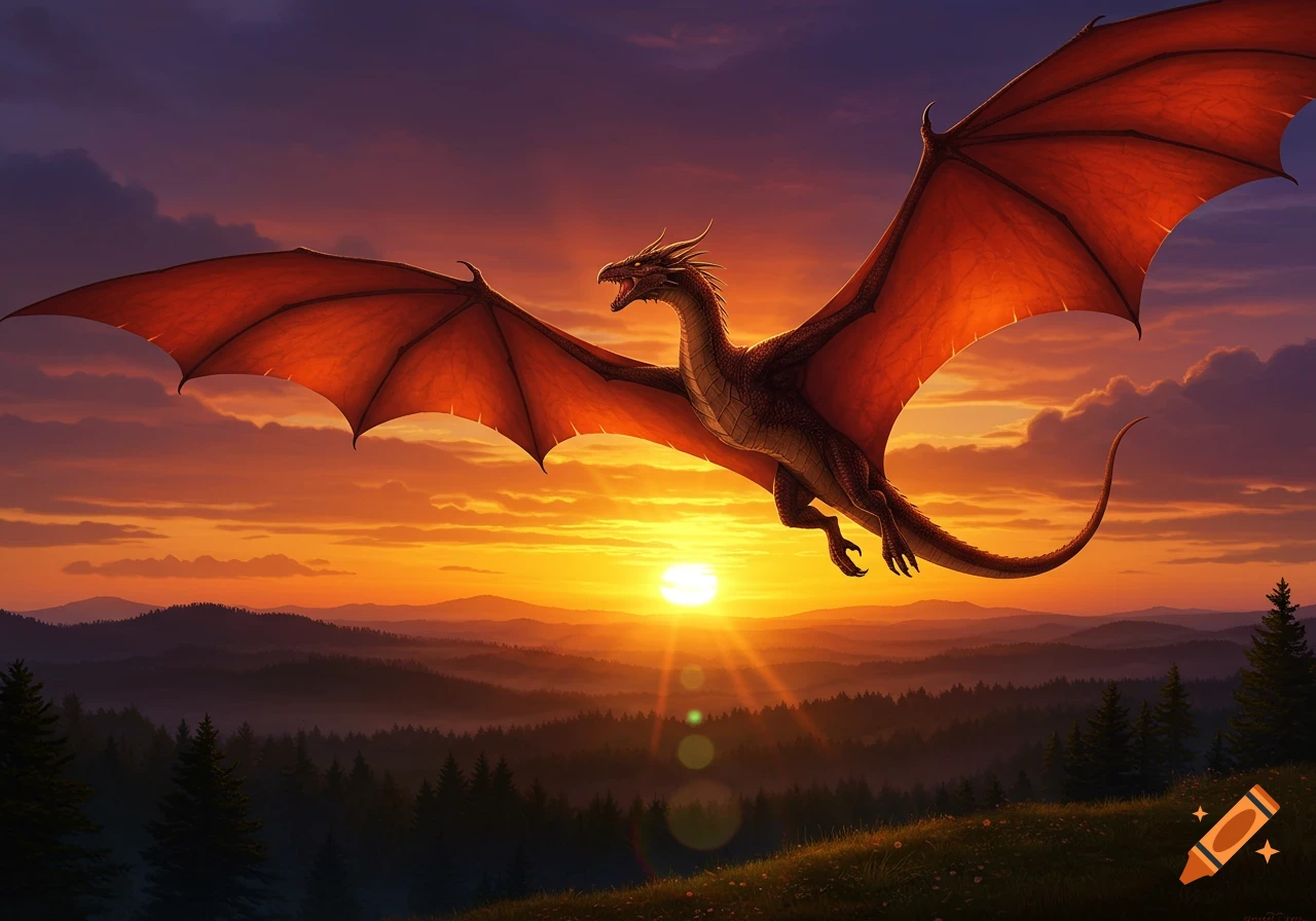 A large dragon with orange wings flies in front of a vibrant orange and purple sunset over a mountain forest.