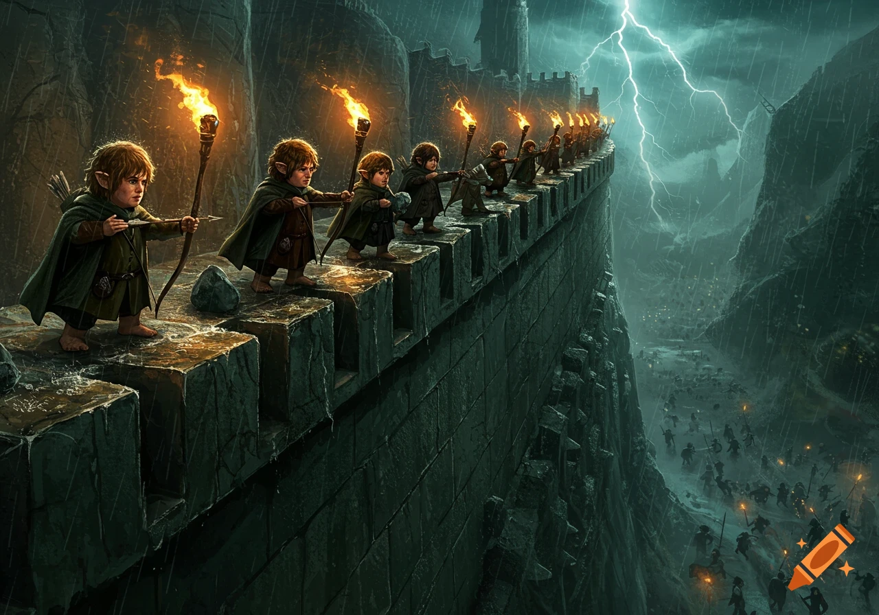 Small figures resembling hobbits on a castle wall, holding bows and torches during a stormy battle with lightning and rain.