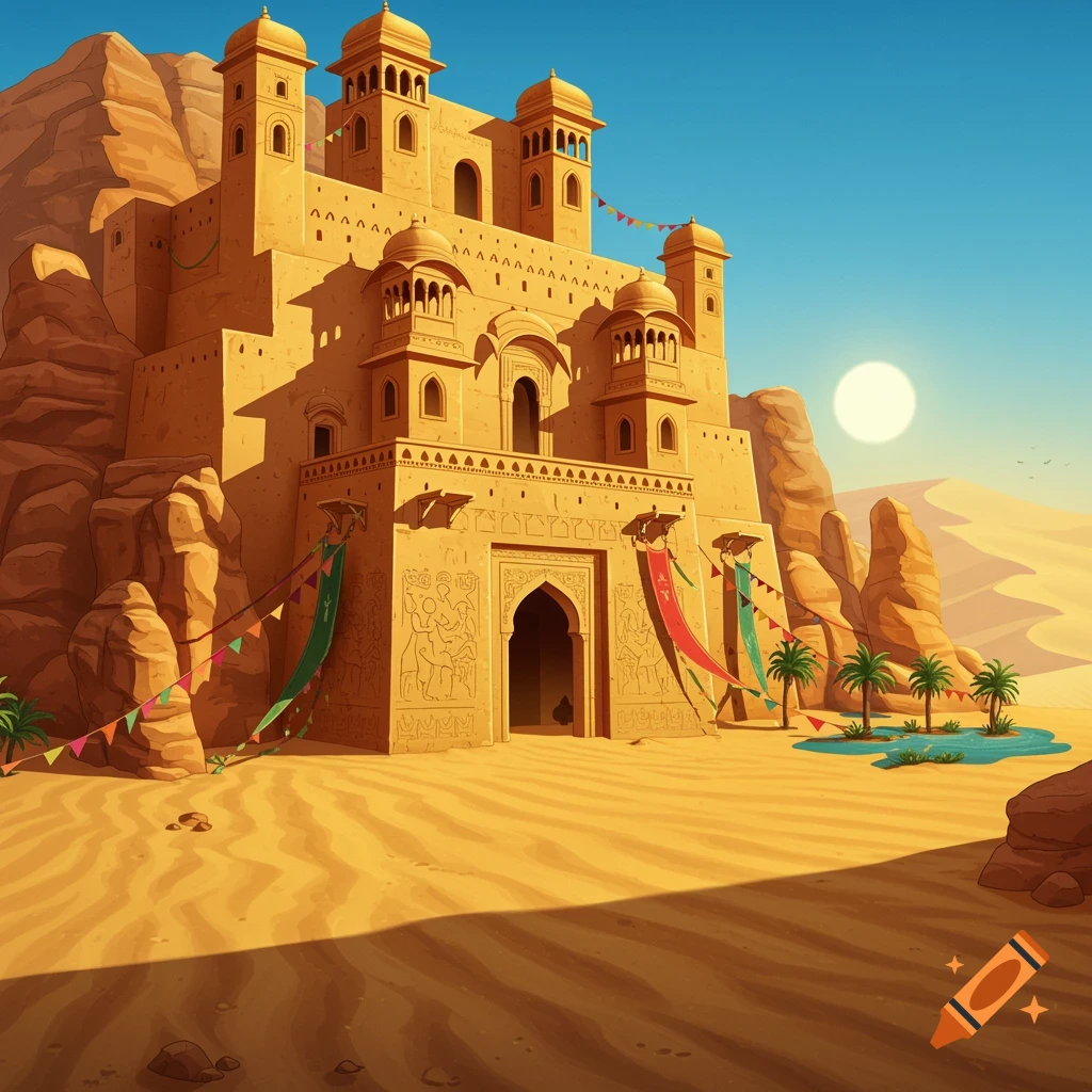 A stylized sandstone palace with multiple towers in a desert landscape under a blue sky. Palm trees and a small oasis are visible.