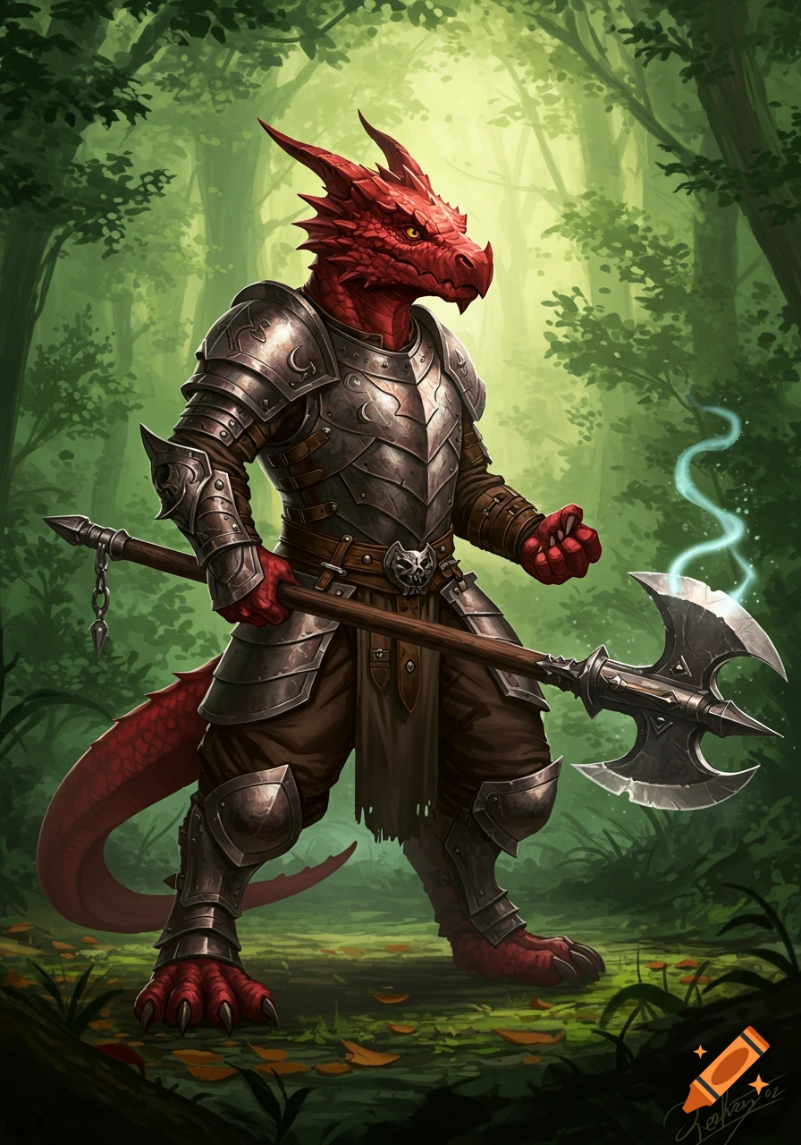 A red-skinned, armored dragon-like warrior holds a double-bladed axe in a lush green forest.
