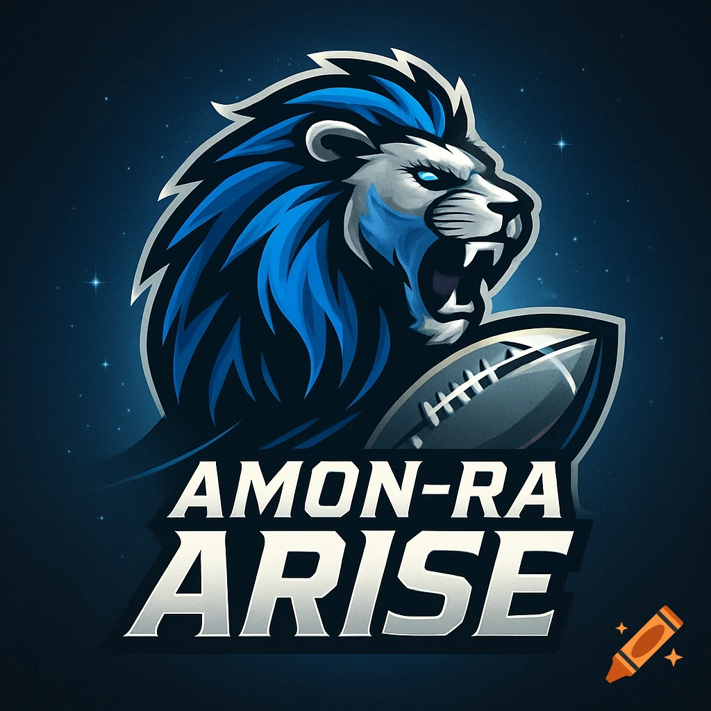 A stylized logo featuring a roaring blue-maned lion head, an American football, and the text 'AMON-RA ARISE'.