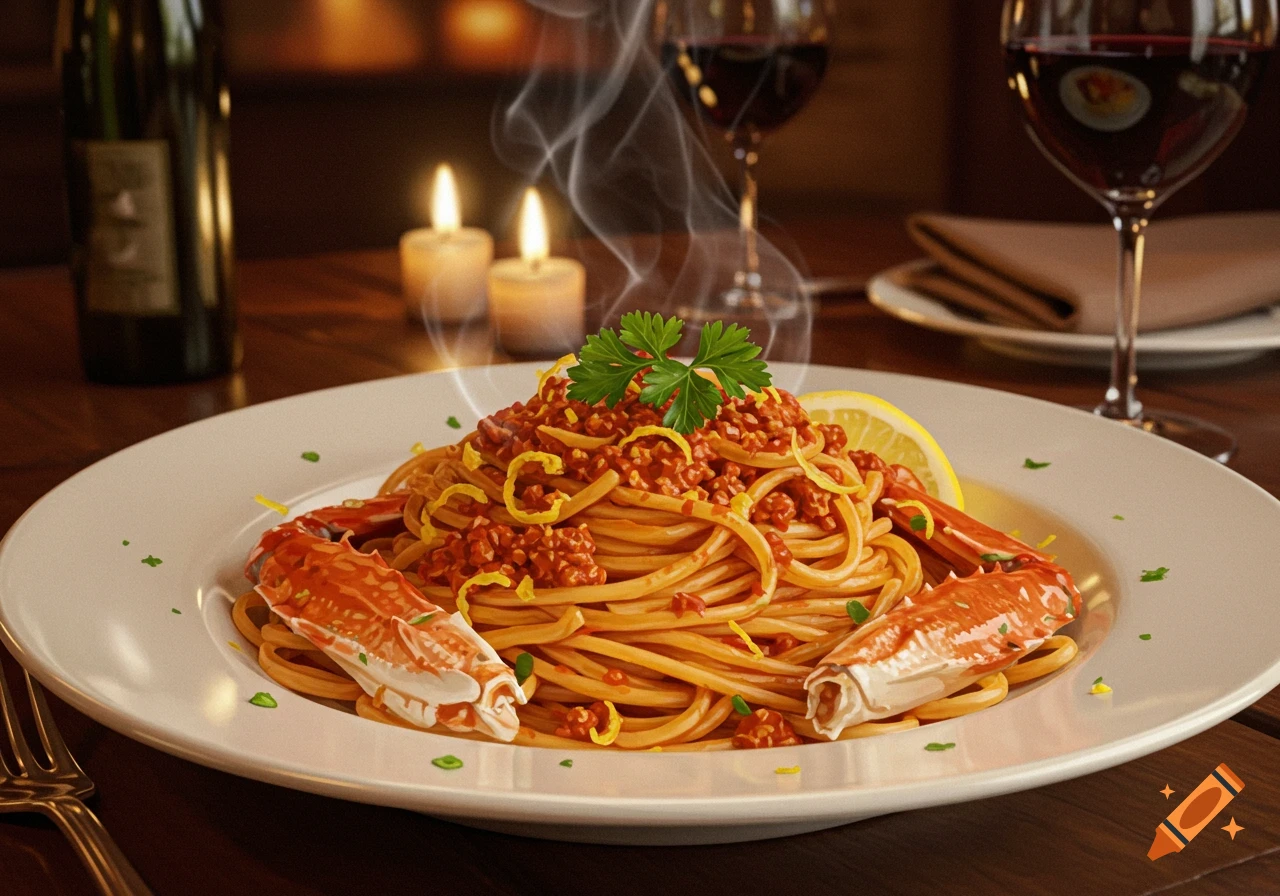Spaghetti with minced chorizo sauce, crab claws, and lemon, served on a plate at a candlelit table with wine.