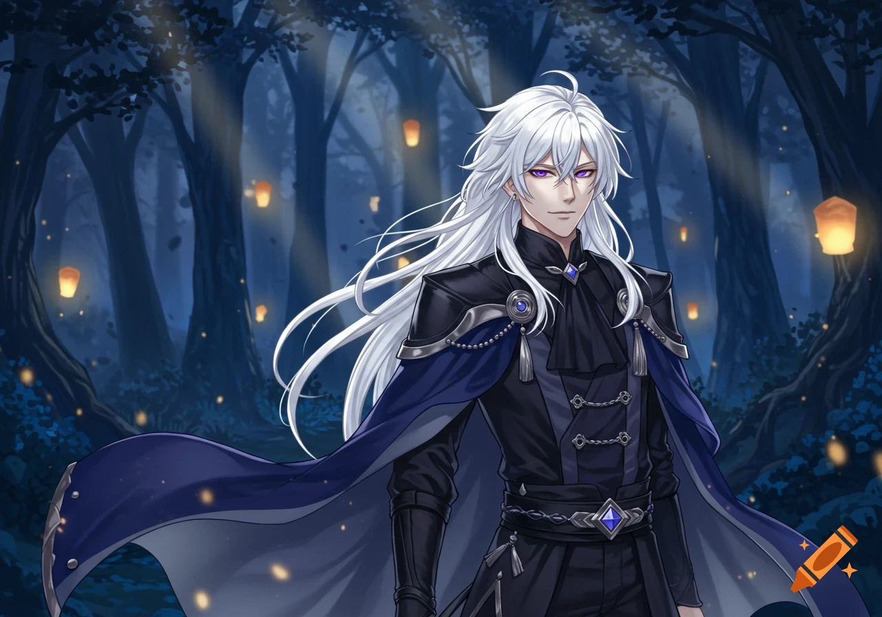 A white-haired anime man with purple eyes and a dark outfit with a blue cape stands in a glowing, dark forest.