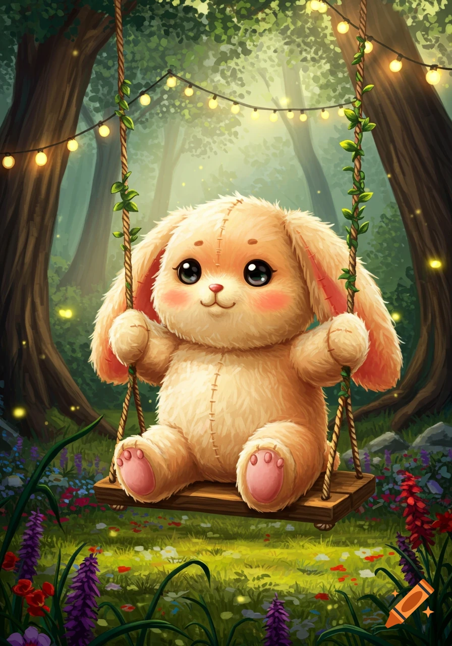 A fluffy, cute, beige bunny plush toy with pink cheeks and paws sits on a wooden swing adorned with vines in a whimsical, lamp-lit forest filled with colorful flowers.